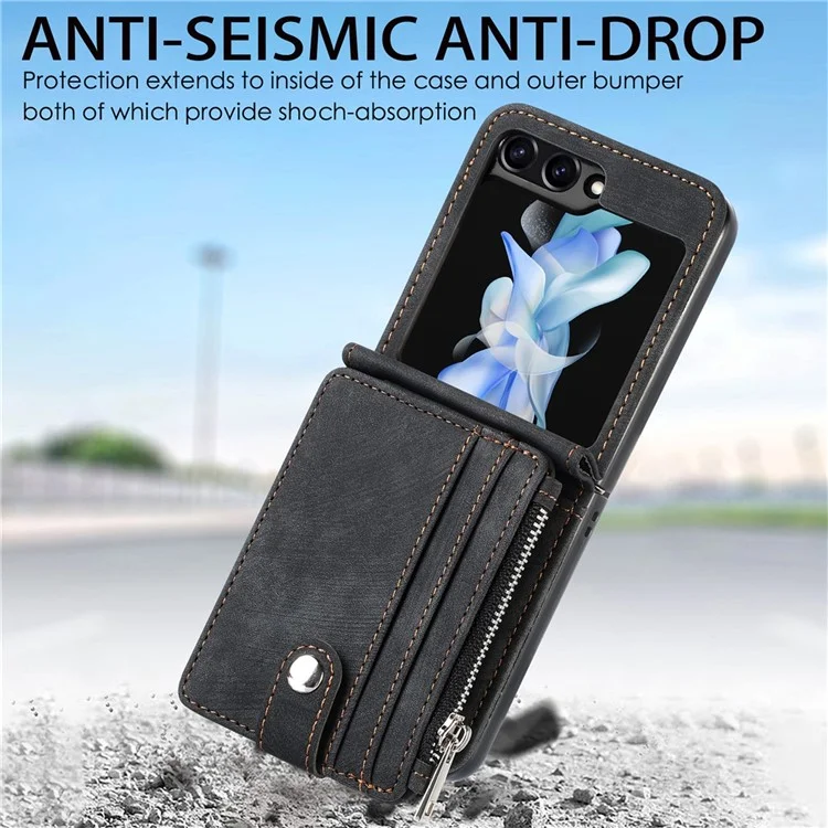 JUNSUNMAY For Samsung Galaxy Z Flip5 5G Zippered Wallet Phone Case Shockproof PU Leather PC Kickstand Cover - Black