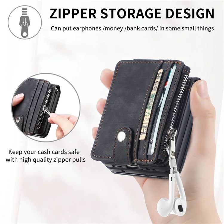 JUNSUNMAY For Samsung Galaxy Z Flip5 5G Zippered Wallet Phone Case Shockproof PU Leather PC Kickstand Cover - Black