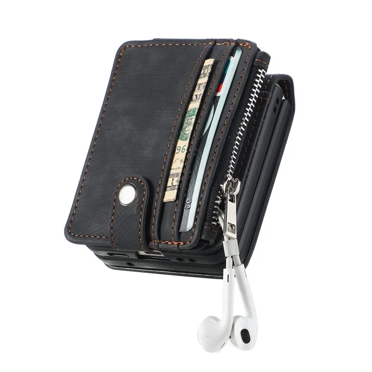 JUNSUNMAY For Samsung Galaxy Z Flip5 5G Zippered Wallet Phone Case Shockproof PU Leather PC Kickstand Cover - Black