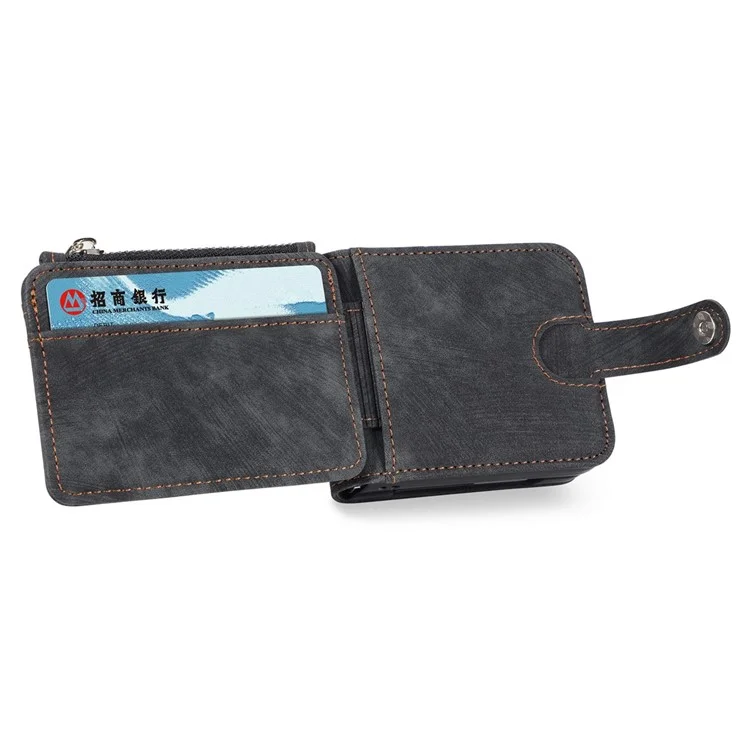 JUNSUNMAY For Samsung Galaxy Z Flip5 5G Zippered Wallet Phone Case Shockproof PU Leather PC Kickstand Cover - Black