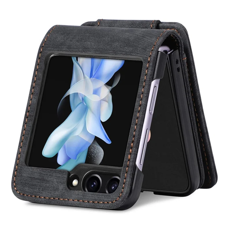 JUNSUNMAY For Samsung Galaxy Z Flip5 5G Zippered Wallet Phone Case Shockproof PU Leather PC Kickstand Cover - Black