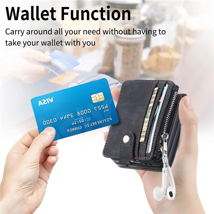 JUNSUNMAY For Samsung Galaxy Z Flip5 5G Zippered Wallet Phone Case Shockproof PU Leather PC Kickstand Cover - Black