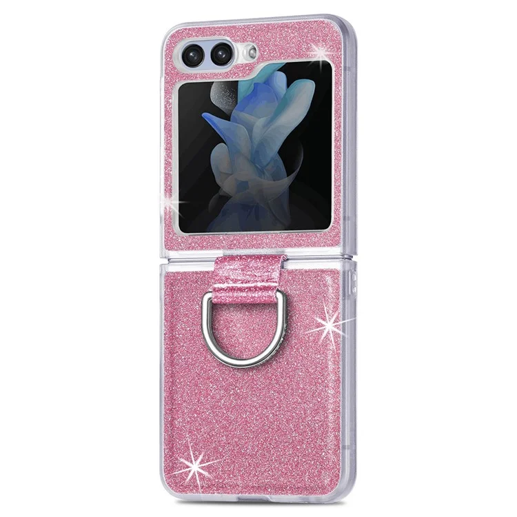 JUNSUNMAY Glitter Phone Case for Samsung Galaxy Z Flip5 5G Shockproof Hard PC Phone Cover with Ring Holder - Pink
