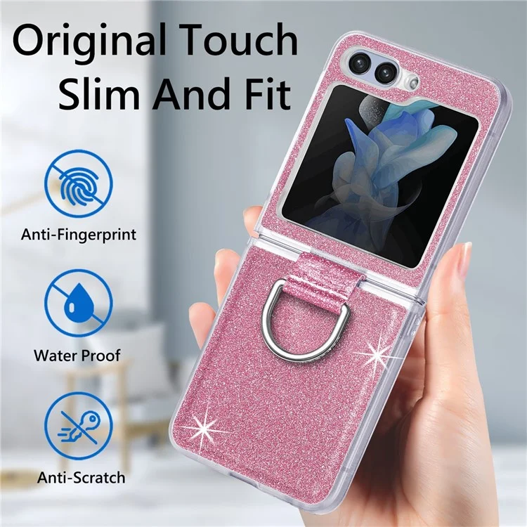 JUNSUNMAY Glitter Phone Case for Samsung Galaxy Z Flip5 5G Shockproof Hard PC Phone Cover with Ring Holder - Pink