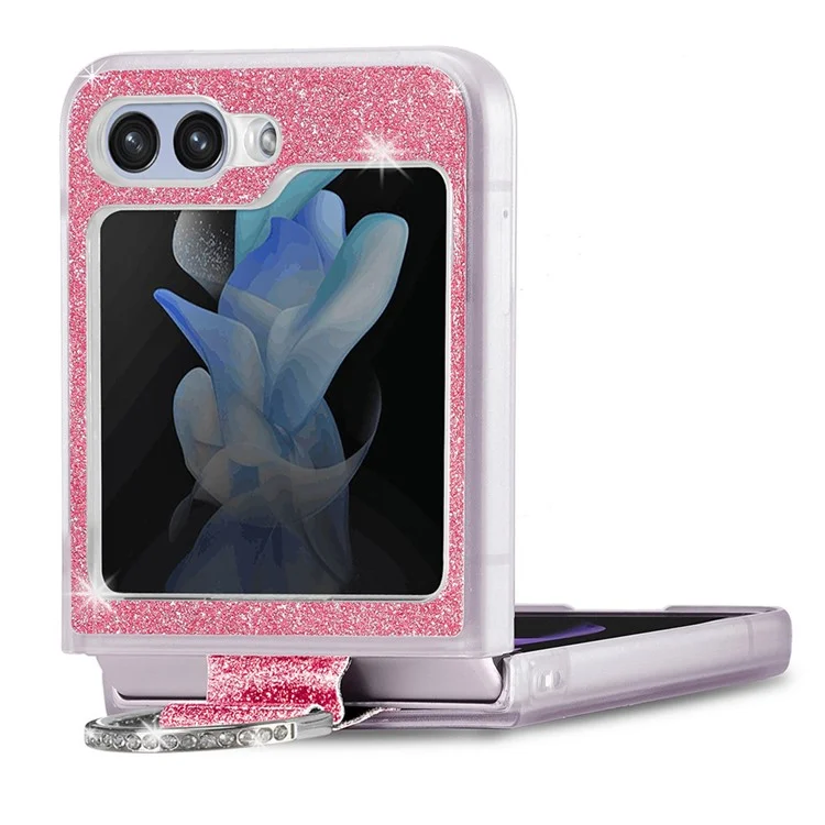 JUNSUNMAY Glitter Phone Case for Samsung Galaxy Z Flip5 5G Shockproof Hard PC Phone Cover with Ring Holder - Pink