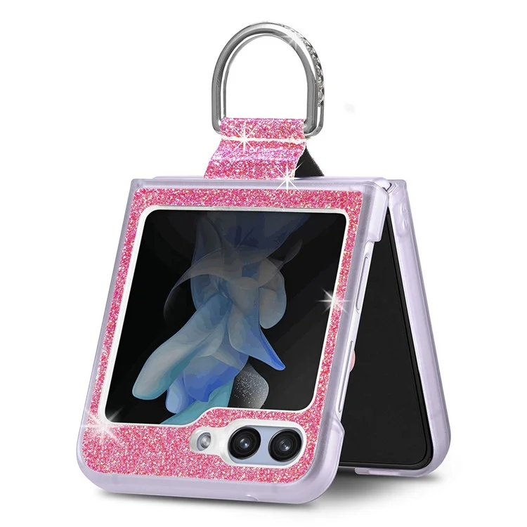 JUNSUNMAY Glitter Phone Case for Samsung Galaxy Z Flip5 5G Shockproof Hard PC Phone Cover with Ring Holder - Pink