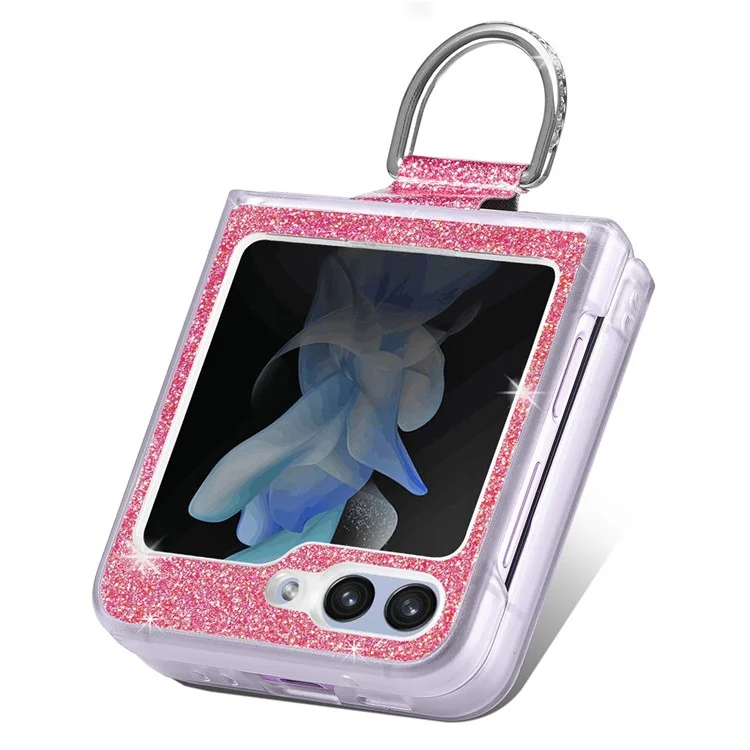 JUNSUNMAY Glitter Phone Case for Samsung Galaxy Z Flip5 5G Shockproof Hard PC Phone Cover with Ring Holder - Pink