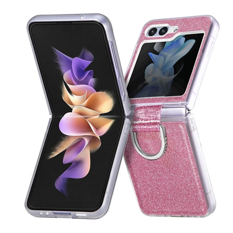 JUNSUNMAY Glitter Phone Case for Samsung Galaxy Z Flip5 5G Shockproof Hard PC Phone Cover with Ring Holder - Pink