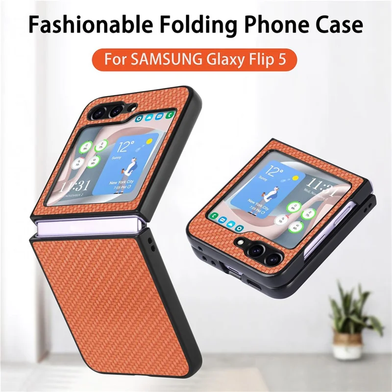 JUNSUNMAY For Samsung Galaxy Z Flip5 5G Shockproof Case Carbon Fiber Texture PU+PC Phone Case - Brown