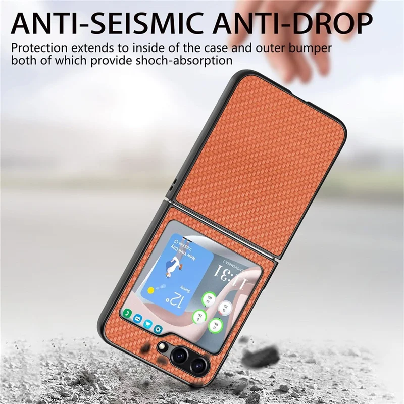 JUNSUNMAY For Samsung Galaxy Z Flip5 5G Shockproof Case Carbon Fiber Texture PU+PC Phone Case - Brown