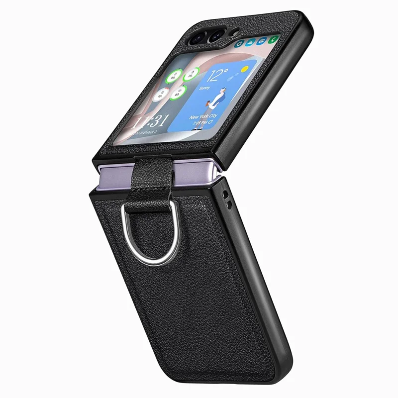JUNSUNMAY Shockproof Case for Samsung Galaxy Z Flip5 5G Litchi Texture PU+Hard PC Phone Cover with Ring Holder - Black