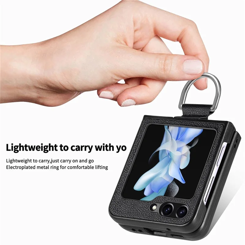 JUNSUNMAY Shockproof Case for Samsung Galaxy Z Flip5 5G Litchi Texture PU+Hard PC Phone Cover with Ring Holder - Black
