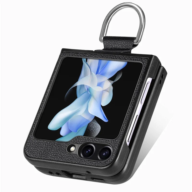JUNSUNMAY Shockproof Case for Samsung Galaxy Z Flip5 5G Litchi Texture PU+Hard PC Phone Cover with Ring Holder - Black