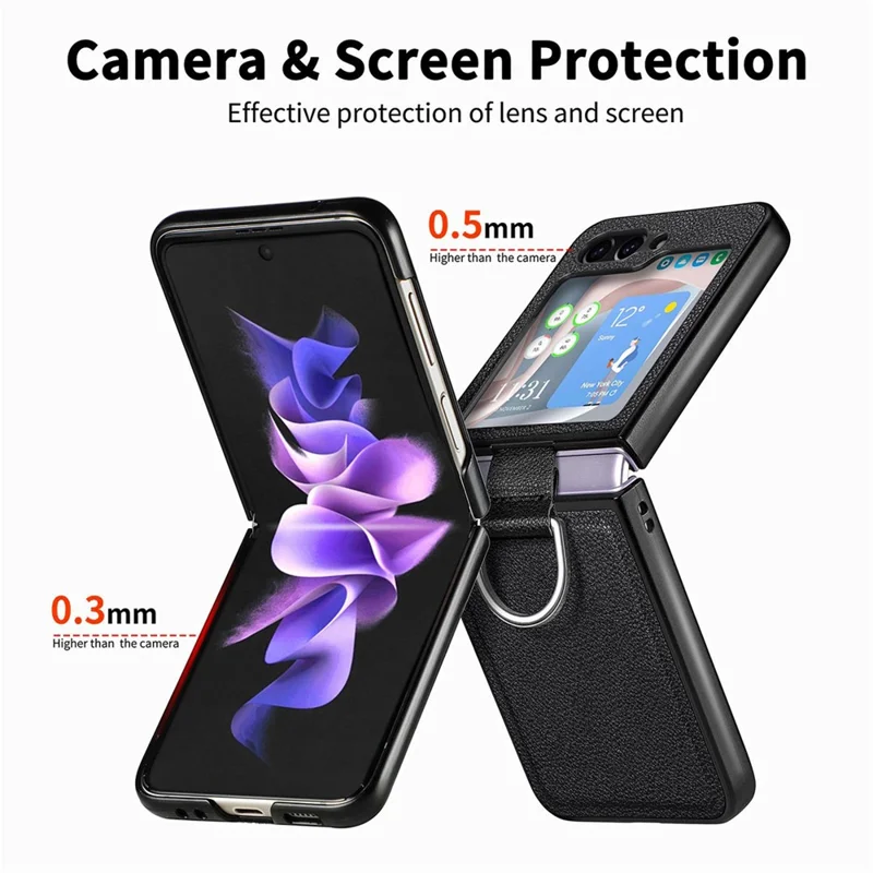 JUNSUNMAY Shockproof Case for Samsung Galaxy Z Flip5 5G Litchi Texture PU+Hard PC Phone Cover with Ring Holder - Black
