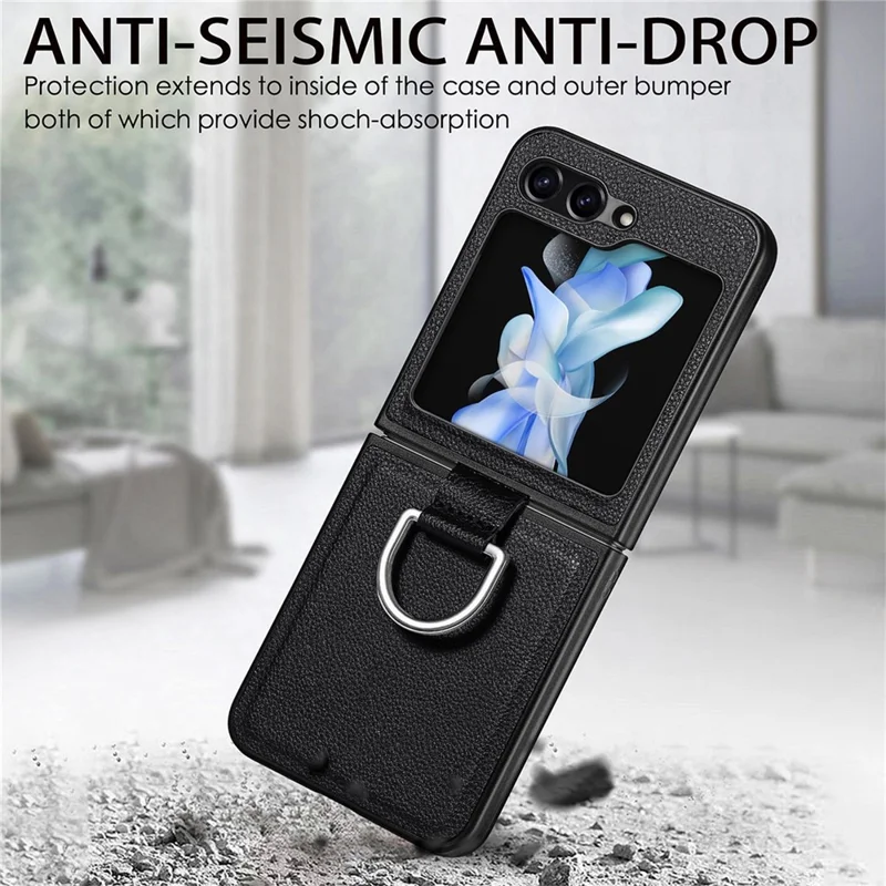 JUNSUNMAY Shockproof Case for Samsung Galaxy Z Flip5 5G Litchi Texture PU+Hard PC Phone Cover with Ring Holder - Black