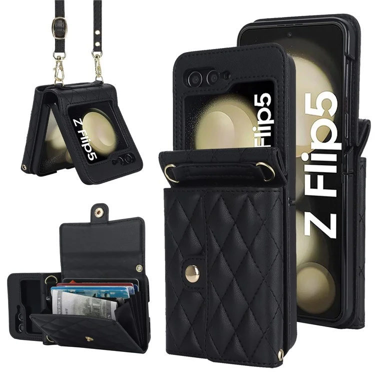 ZD 03 Phone Case for Samsung Galaxy Z Flip5 5G PU Leather + PC RFID Blocking Wallet Cover with Strap - Black