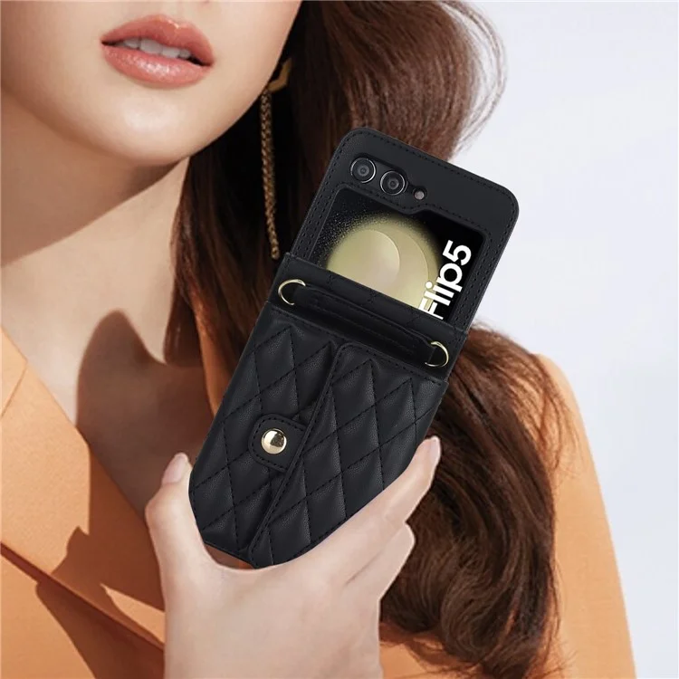 ZD 03 Phone Case for Samsung Galaxy Z Flip5 5G PU Leather + PC RFID Blocking Wallet Cover with Strap - Black