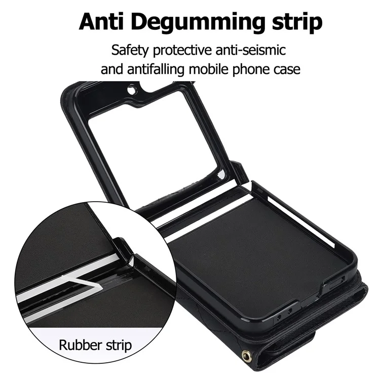 ZD 03 Phone Case for Samsung Galaxy Z Flip5 5G PU Leather + PC RFID Blocking Wallet Cover with Strap - Black