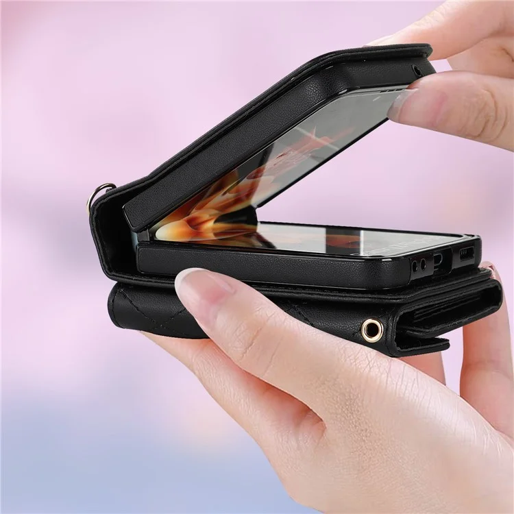 ZD 03 Phone Case for Samsung Galaxy Z Flip5 5G PU Leather + PC RFID Blocking Wallet Cover with Strap - Black