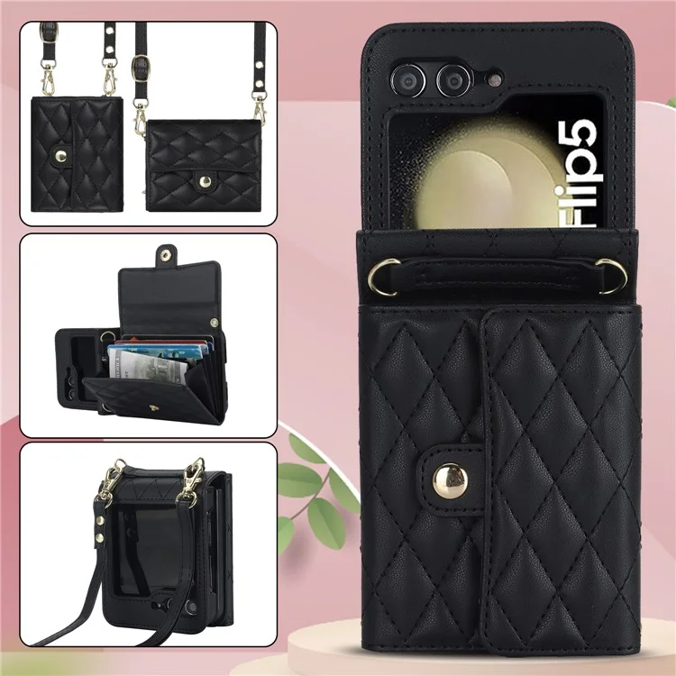 ZD 03 Phone Case for Samsung Galaxy Z Flip5 5G PU Leather + PC RFID Blocking Wallet Cover with Strap - Black