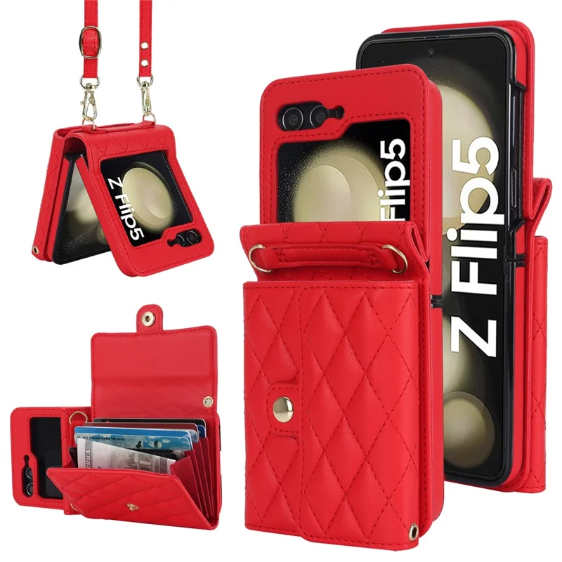 ZD 03 Phone Case for Samsung Galaxy Z Flip5 5G PU Leather + PC RFID Blocking Wallet Cover with Strap - Red