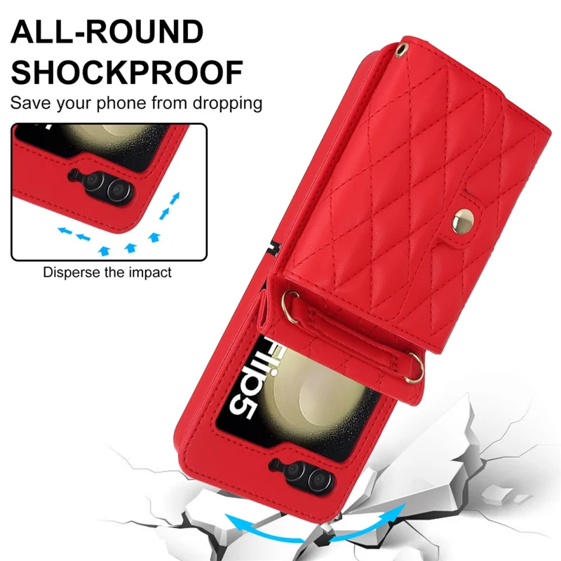 ZD 03 Phone Case for Samsung Galaxy Z Flip5 5G PU Leather + PC RFID Blocking Wallet Cover with Strap - Red