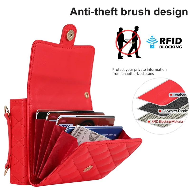 ZD 03 Phone Case for Samsung Galaxy Z Flip5 5G PU Leather + PC RFID Blocking Wallet Cover with Strap - Red