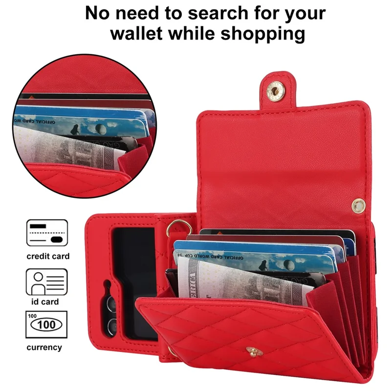 ZD 03 Phone Case for Samsung Galaxy Z Flip5 5G PU Leather + PC RFID Blocking Wallet Cover with Strap - Red