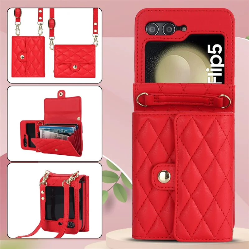 ZD 03 Phone Case for Samsung Galaxy Z Flip5 5G PU Leather + PC RFID Blocking Wallet Cover with Strap - Red
