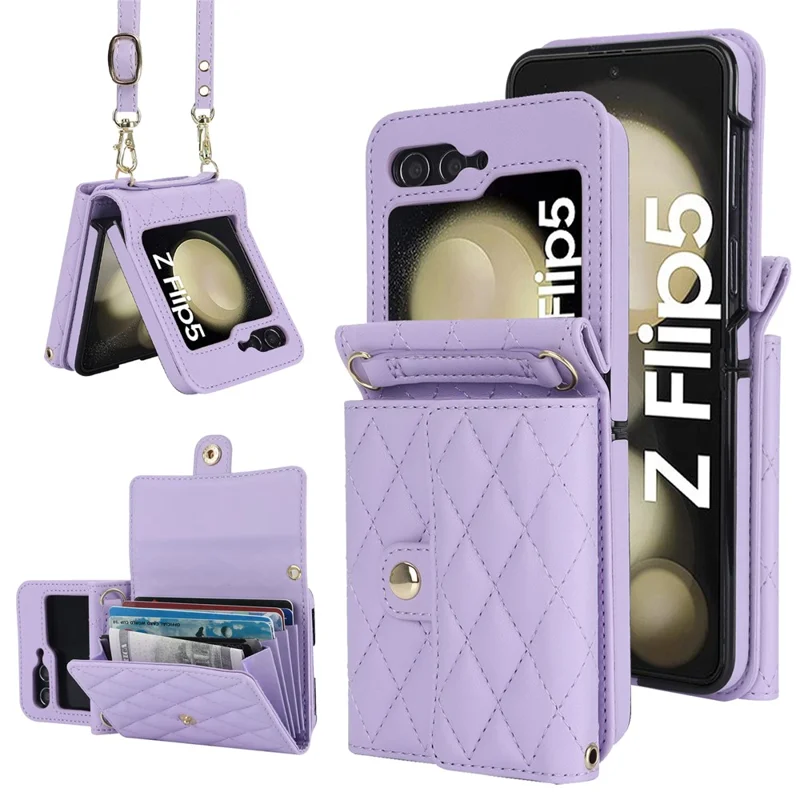Étui pour téléphone ZD 03 pour Samsung Galaxy Z Flip5 5G en cuir PU + housse de portefeuille PC avec blocage RFID avec sangle - Violet