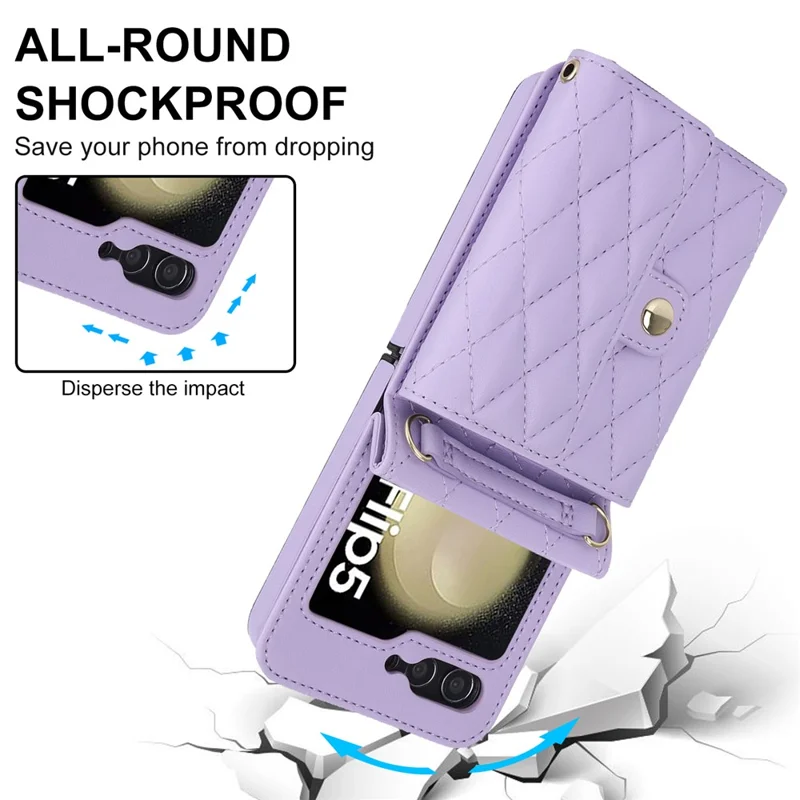 Étui pour téléphone ZD 03 pour Samsung Galaxy Z Flip5 5G en cuir PU + housse de portefeuille PC avec blocage RFID avec sangle - Violet