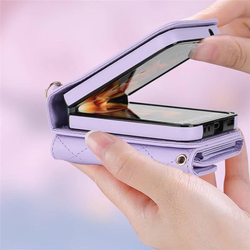 Étui pour téléphone ZD 03 pour Samsung Galaxy Z Flip5 5G en cuir PU + housse de portefeuille PC avec blocage RFID avec sangle - Violet