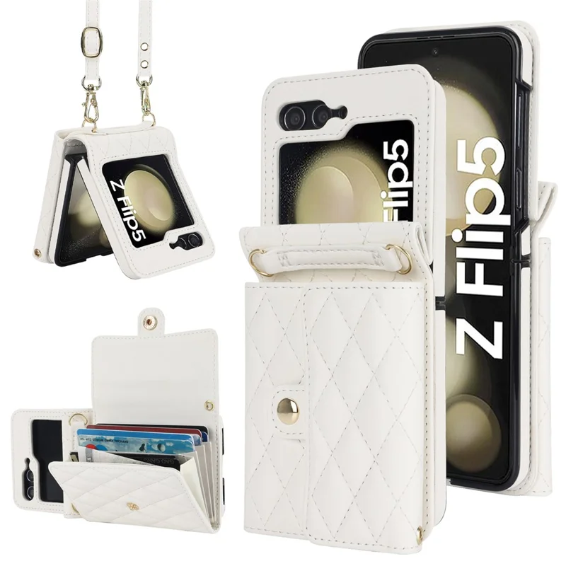 ZD 03 Phone Case for Samsung Galaxy Z Flip5 5G PU Leather + PC RFID Blocking Wallet Cover with Strap - White