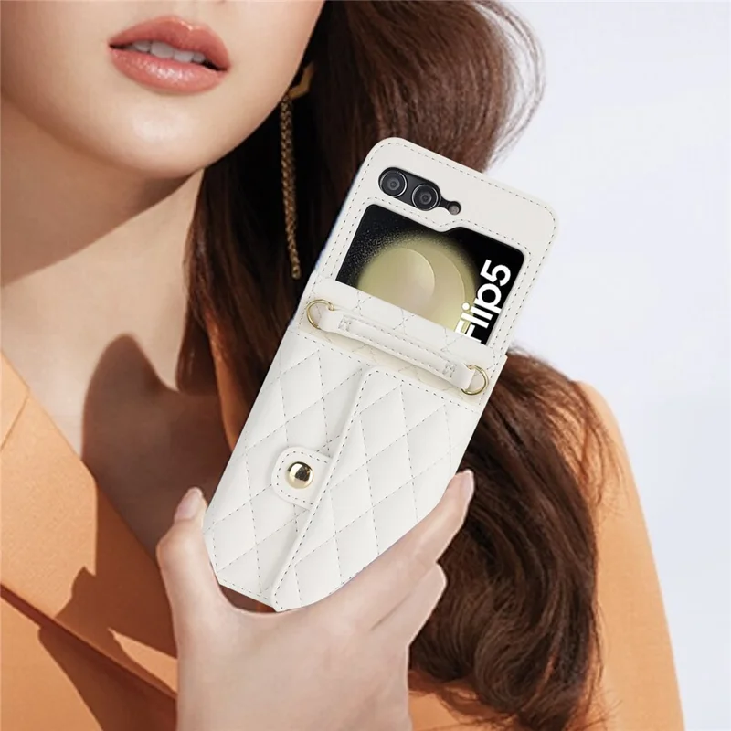 ZD 03 Phone Case for Samsung Galaxy Z Flip5 5G PU Leather + PC RFID Blocking Wallet Cover with Strap - White