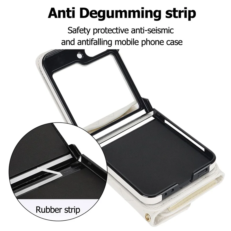 ZD 03 Phone Case for Samsung Galaxy Z Flip5 5G PU Leather + PC RFID Blocking Wallet Cover with Strap - White