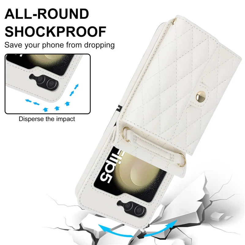 ZD 03 Phone Case for Samsung Galaxy Z Flip5 5G PU Leather + PC RFID Blocking Wallet Cover with Strap - White