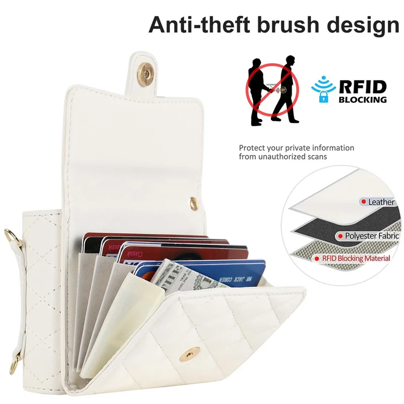 ZD 03 Phone Case for Samsung Galaxy Z Flip5 5G PU Leather + PC RFID Blocking Wallet Cover with Strap - White