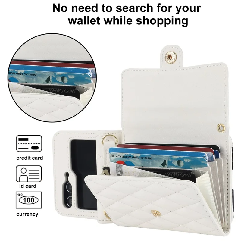 ZD 03 Phone Case for Samsung Galaxy Z Flip5 5G PU Leather + PC RFID Blocking Wallet Cover with Strap - White
