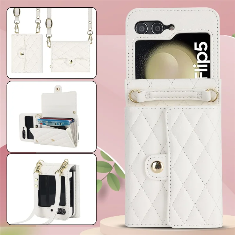ZD 03 Phone Case for Samsung Galaxy Z Flip5 5G PU Leather + PC RFID Blocking Wallet Cover with Strap - White