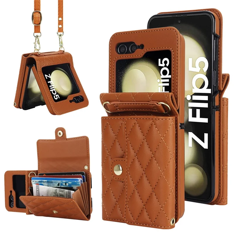 ZD 03 Handyhülle für Samsung Galaxy Z Flip5 5G, PU-Leder + PC RFID-blockierender Geldbeutel mit Riemen - Braun
