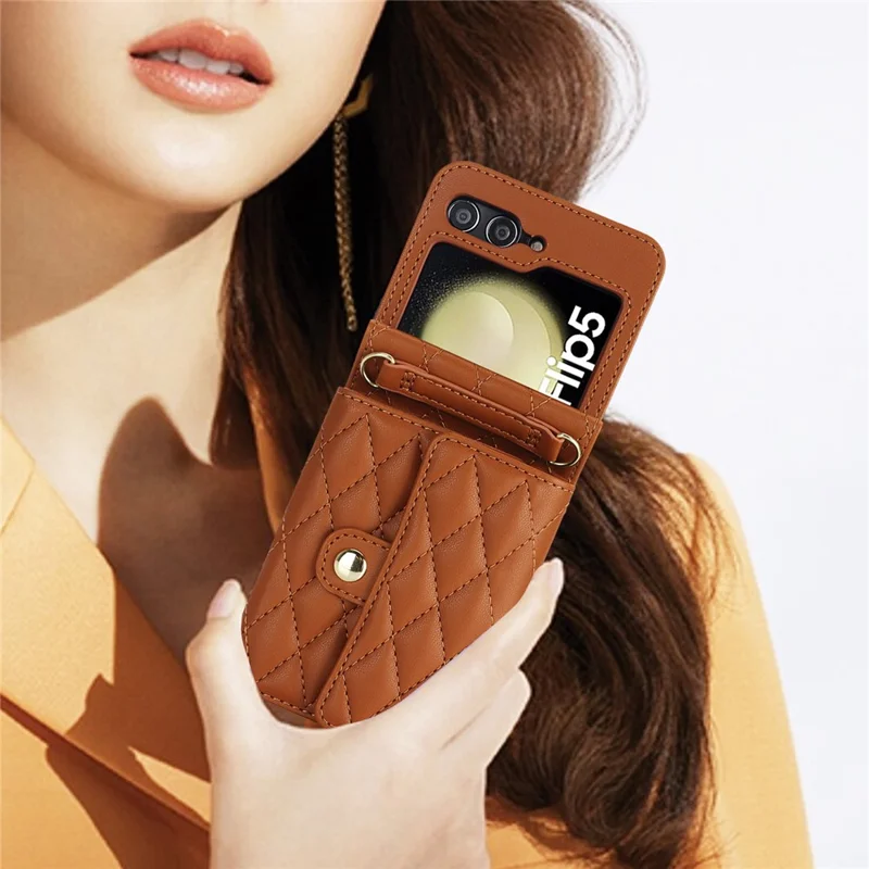 ZD 03 Handyhülle für Samsung Galaxy Z Flip5 5G, PU-Leder + PC RFID-blockierender Geldbeutel mit Riemen - Braun
