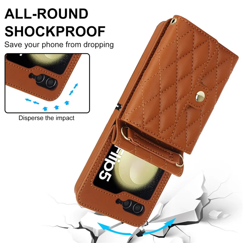 ZD 03 Handyhülle für Samsung Galaxy Z Flip5 5G, PU-Leder + PC RFID-blockierender Geldbeutel mit Riemen - Braun