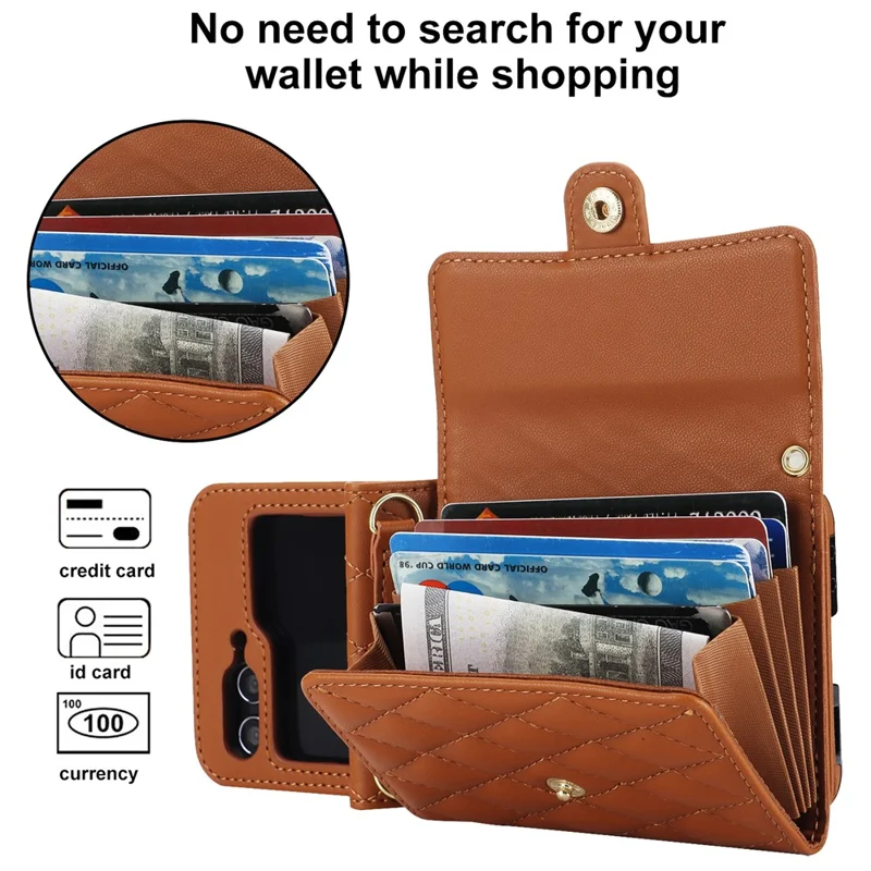 ZD 03 Handyhülle für Samsung Galaxy Z Flip5 5G, PU-Leder + PC RFID-blockierender Geldbeutel mit Riemen - Braun