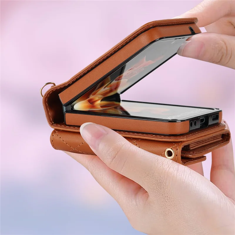 ZD 03 Handyhülle für Samsung Galaxy Z Flip5 5G, PU-Leder + PC RFID-blockierender Geldbeutel mit Riemen - Braun