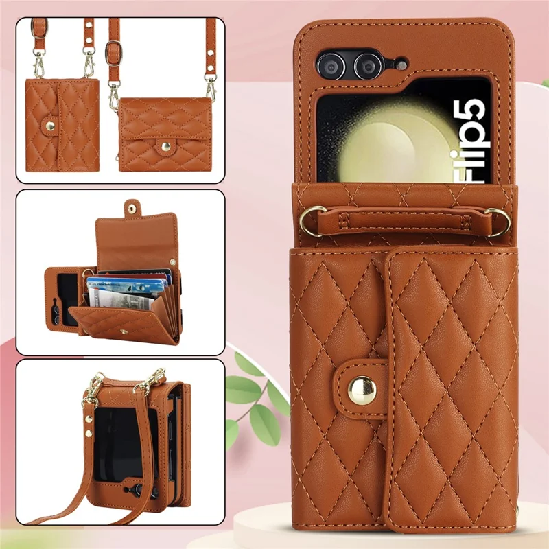 ZD 03 Handyhülle für Samsung Galaxy Z Flip5 5G, PU-Leder + PC RFID-blockierender Geldbeutel mit Riemen - Braun