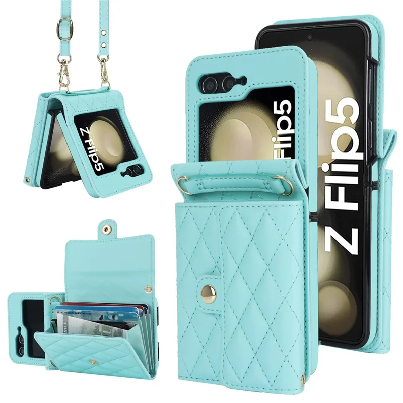 ZD 03 Phone Case for Samsung Galaxy Z Flip5 5G PU Leather + PC RFID Blocking Wallet Cover with Strap - Blue