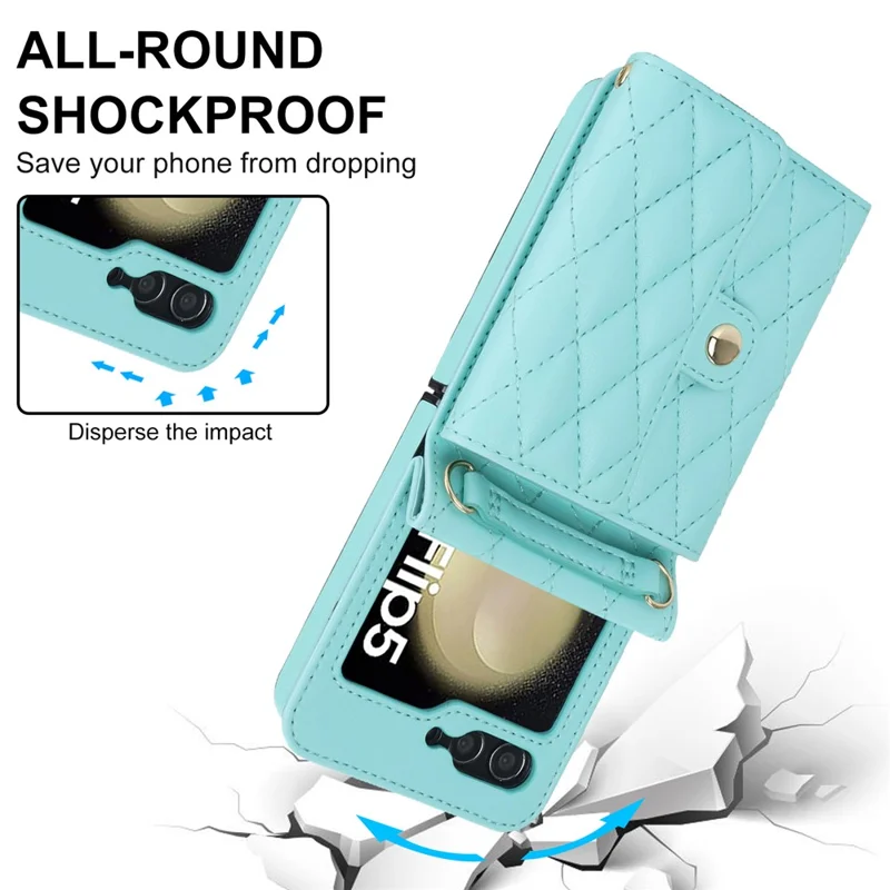 ZD 03 Phone Case for Samsung Galaxy Z Flip5 5G PU Leather + PC RFID Blocking Wallet Cover with Strap - Blue