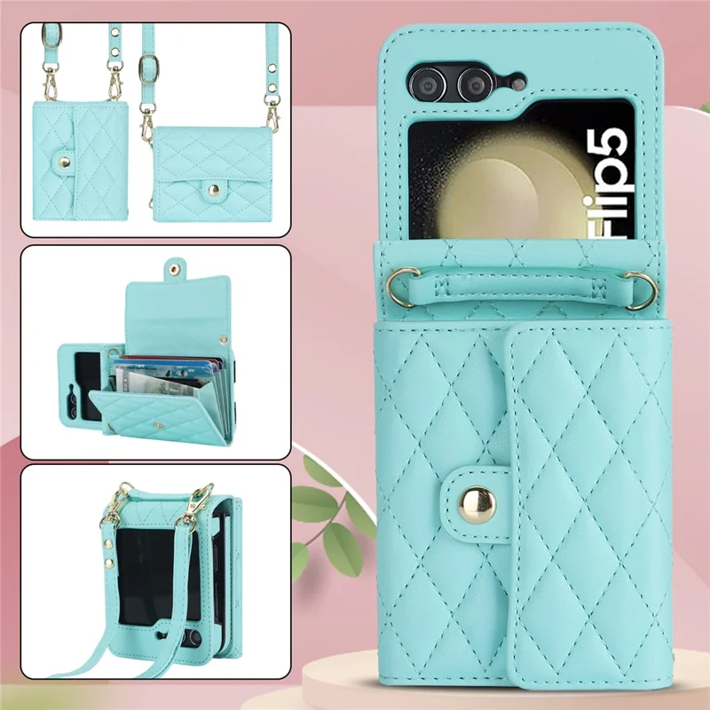 ZD 03 Phone Case for Samsung Galaxy Z Flip5 5G PU Leather + PC RFID Blocking Wallet Cover with Strap - Blue