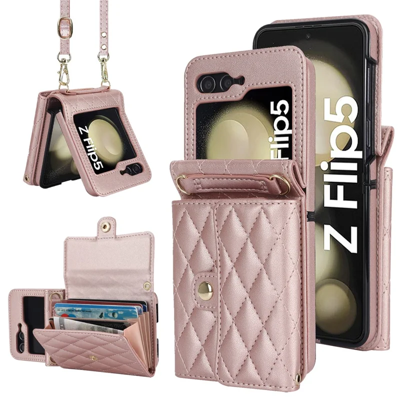 ZD 03 Phone Case for Samsung Galaxy Z Flip5 5G PU Leather + PC RFID Blocking Wallet Cover with Strap - Rose Gold