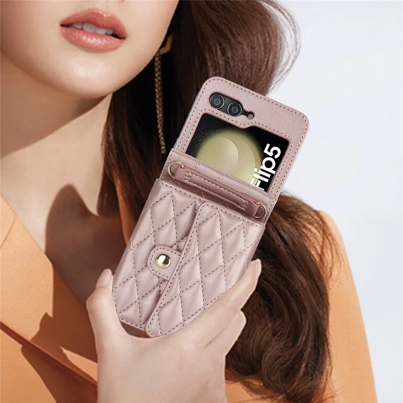 ZD 03 Phone Case for Samsung Galaxy Z Flip5 5G PU Leather + PC RFID Blocking Wallet Cover with Strap - Rose Gold